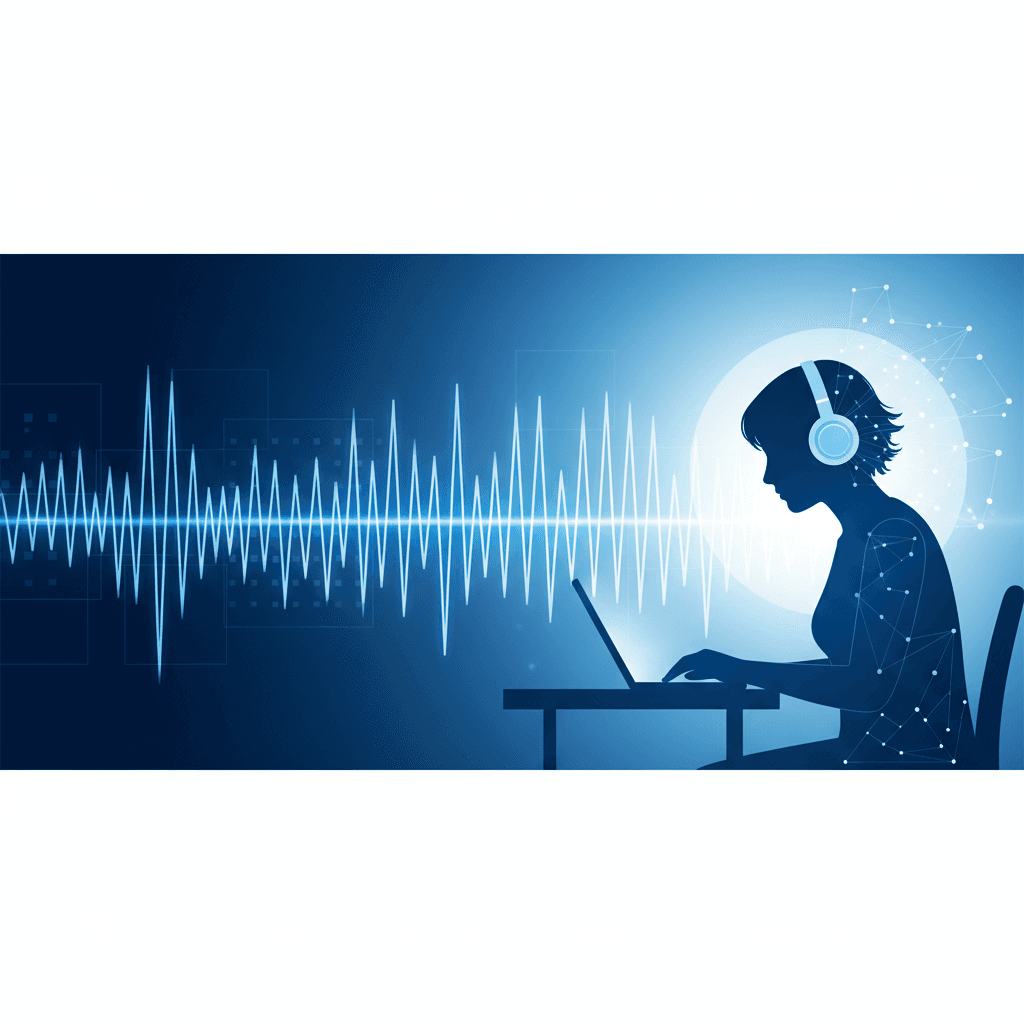 EEG readout showing beta brainwave patterns with a focused person studying in the background