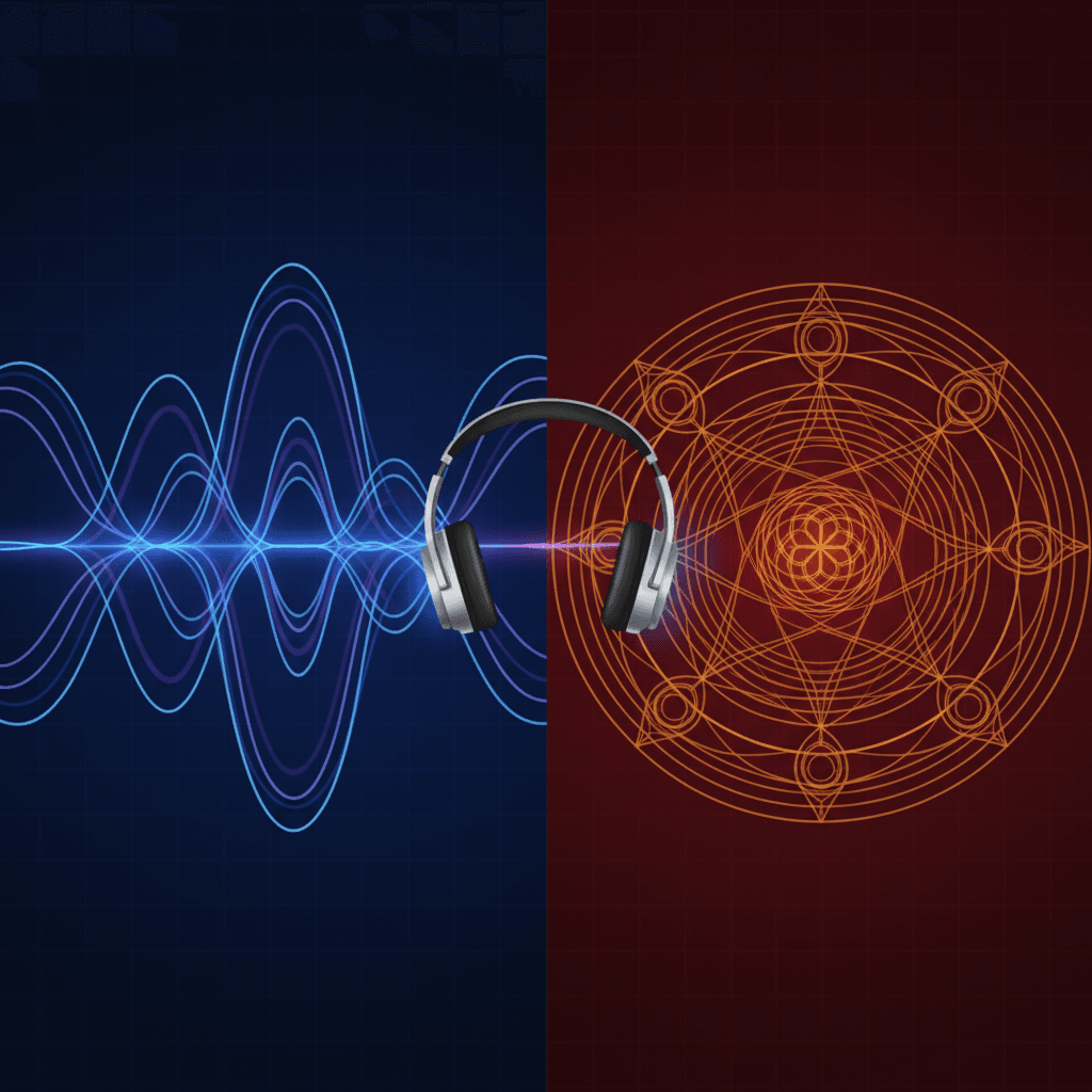 Split-screen comparison showing binaural beat waveforms on left and solfeggio frequency patterns on right with headphones in center