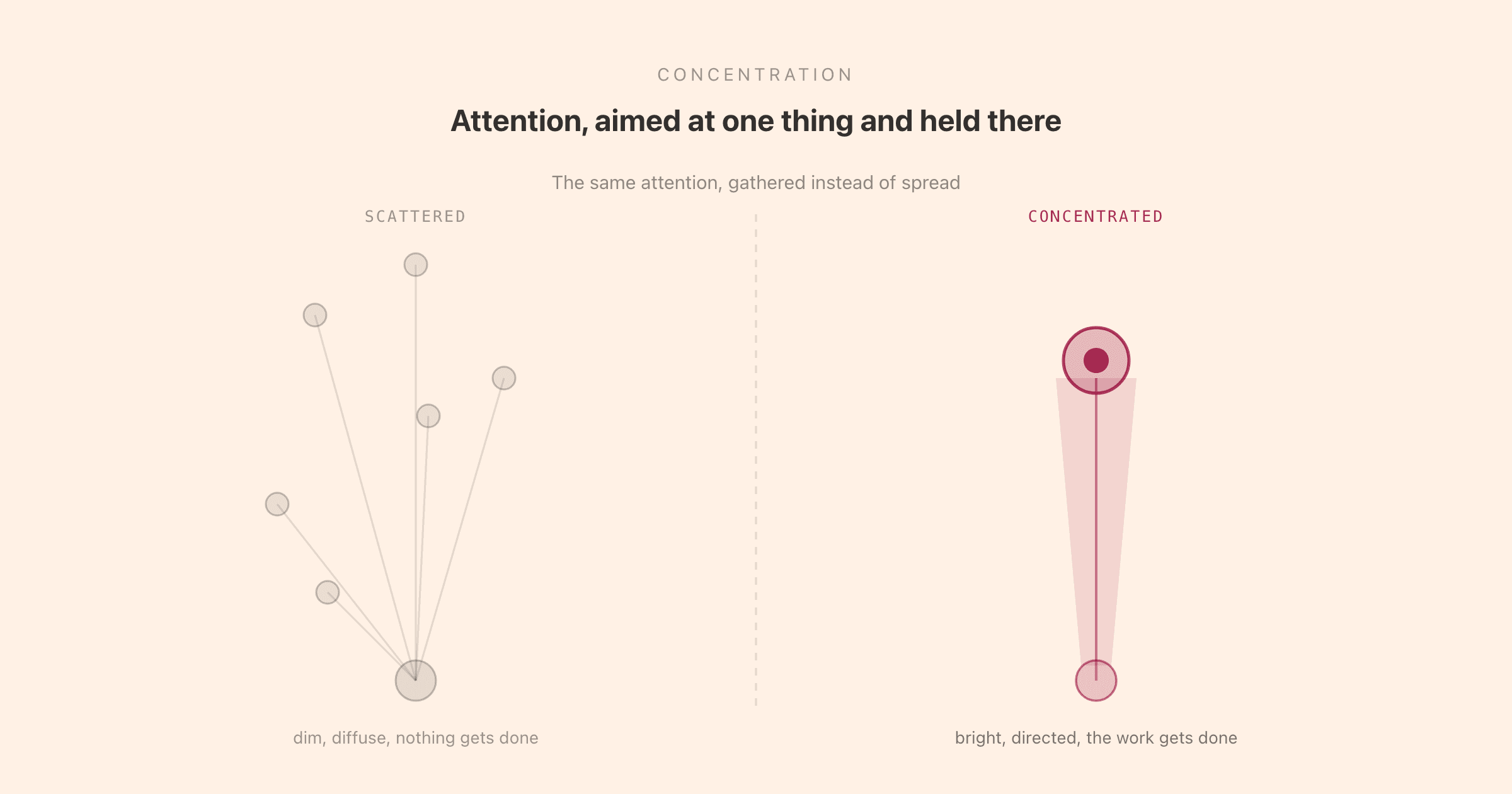 Concentration as a focused beam of attention directed at one task, sharp and bright when held on a single target and scattered and dim when split across many, with the habits that strengthen or weaken it