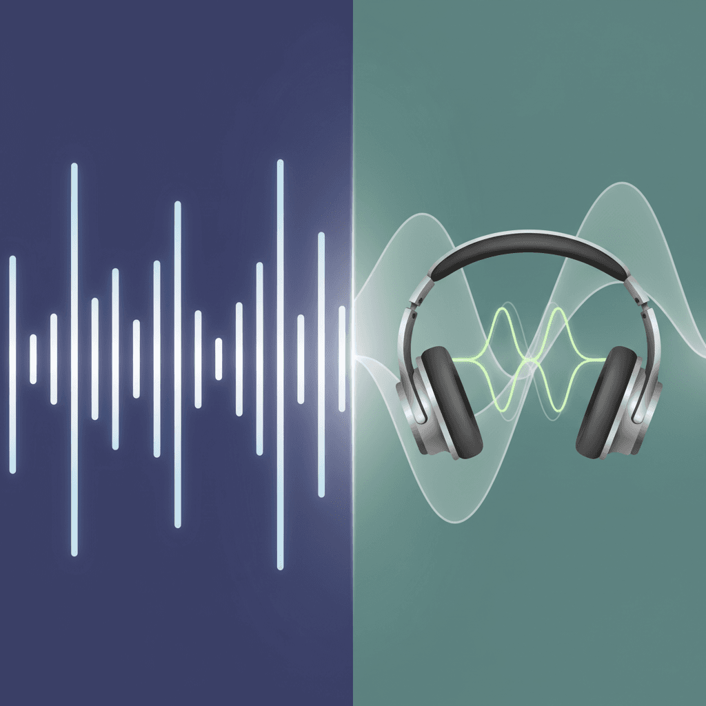 Split-screen comparison showing isochronic tone pulses on one side and binaural beat waveforms with headphones on the other