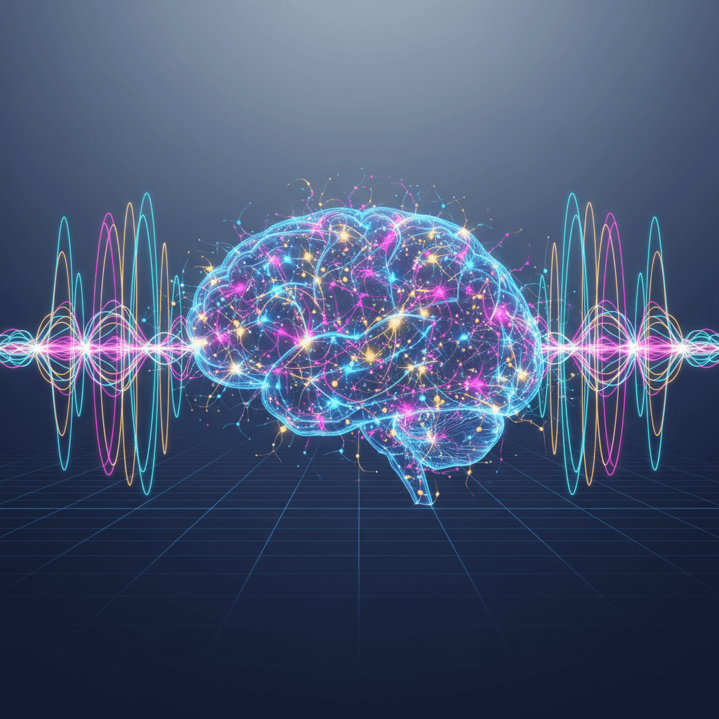 Scientific illustration showing synchronized neural networks with phase-locked brainwaves oscillating in harmony