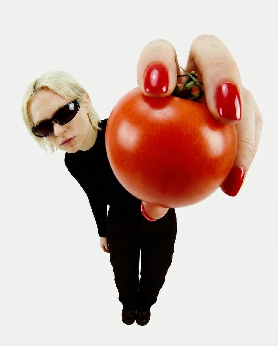 A woman in sunglasses holding a ripe tomato