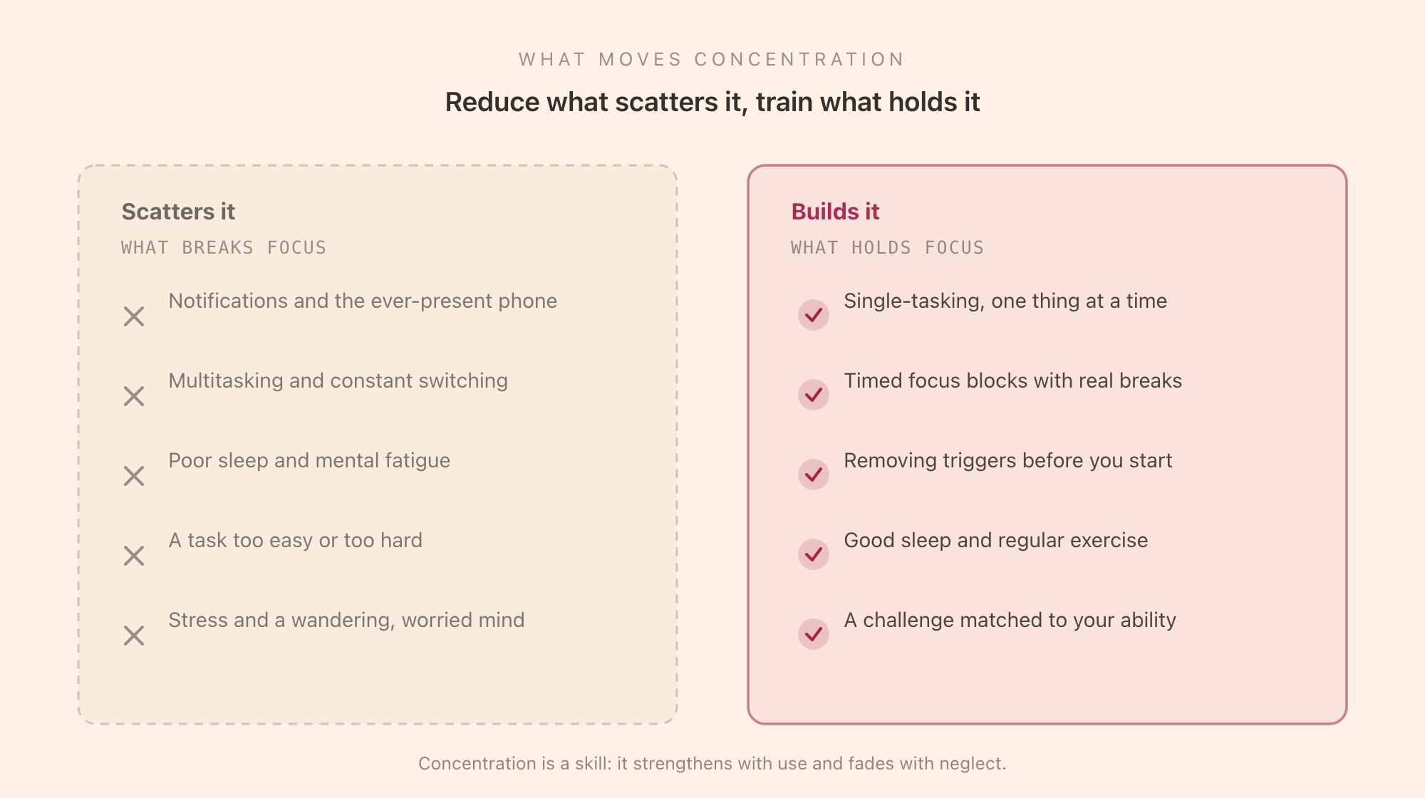 Two columns comparing what scatters concentration, such as notifications, multitasking, poor sleep, the wrong task difficulty, and stress, against what builds it, such as single-tasking, timed focus blocks, removing triggers, good sleep and exercise, and a well-matched challenge