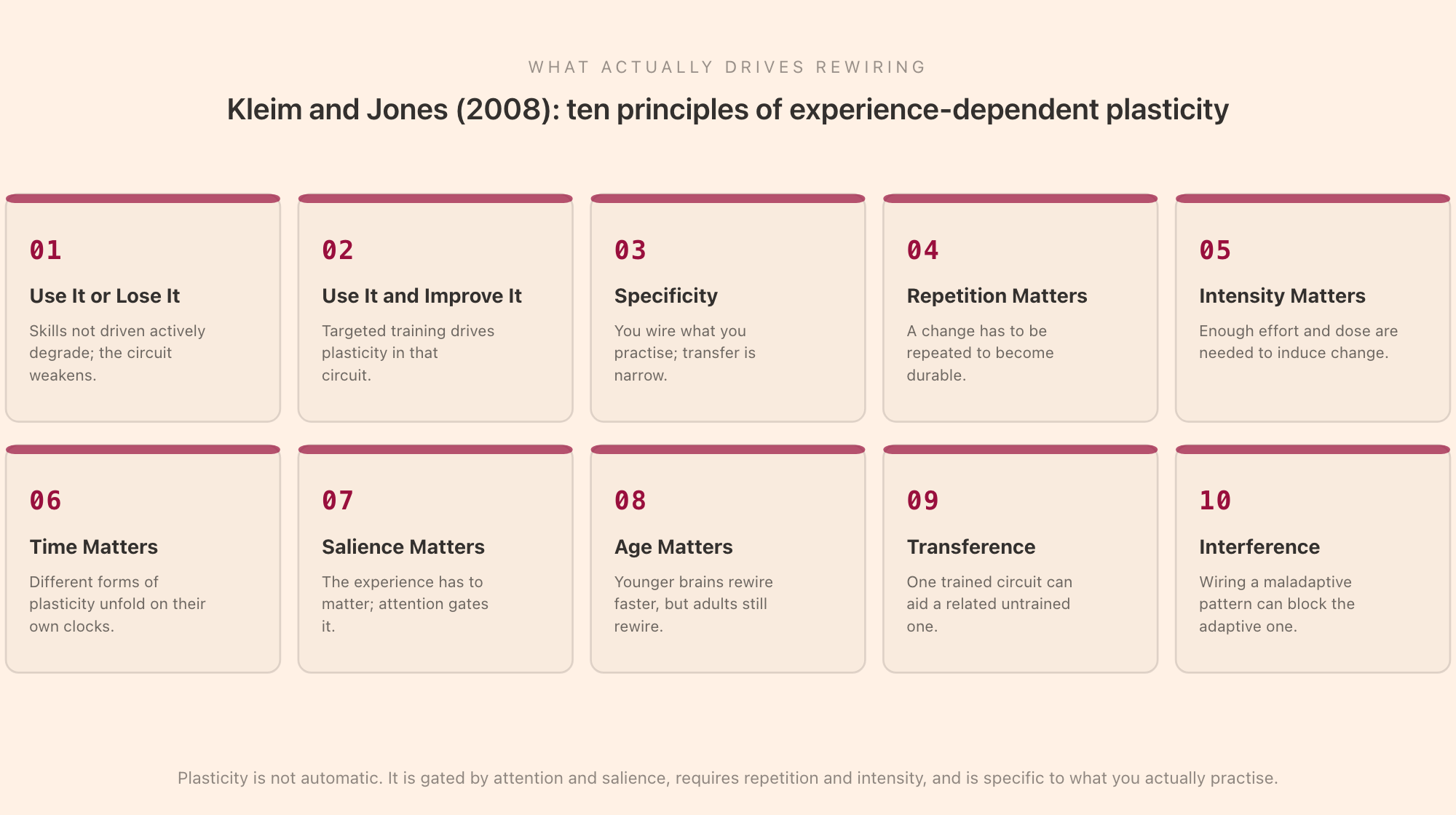 Kleim and Jones (2008) ten principles of experience-dependent plasticity laid out as a grid of cards: use it or lose it, use it and improve it, specificity, repetition matters, intensity matters, time matters, salience matters, age matters, transference, and interference, with a note that plasticity is gated by attention and salience, requires repetition and intensity, and is specific to what you actually practise